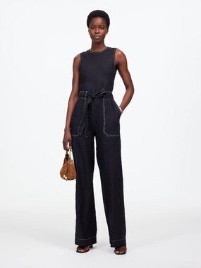 Madewell Contrast-Stitch Relaxed Straight-Leg Jumpsuit in Linen Jet Black (Flaw)